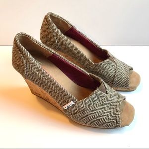 TOMS Stella Tweed Hereingbone Metallic Cork Wedges 7.5